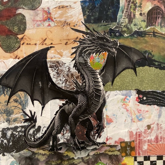 Handmade Mixed Media Collage Art  "The Guardian"  Castle, Queen, Dragon 11"x14" - Picture 4 of 5